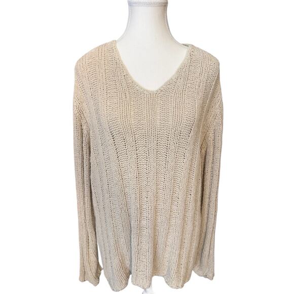 CHICO’S 85% SILK Tan Ribbed Knit Sweater Minimalist Capsule Wardrobe Layering Lg - Picture 1 of 6